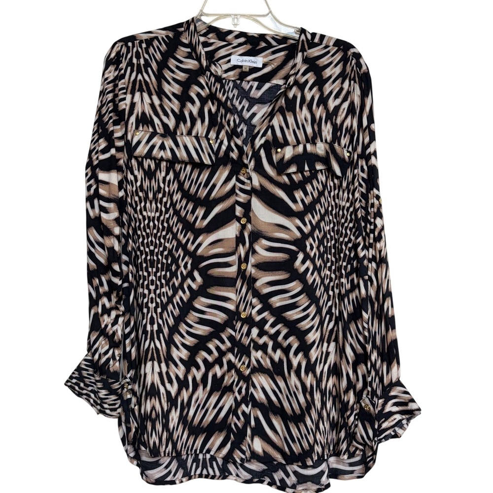 Calvin Klein‎ Womens Animal Print Roll Tab Button Down Blouse Tunic Gold M Work